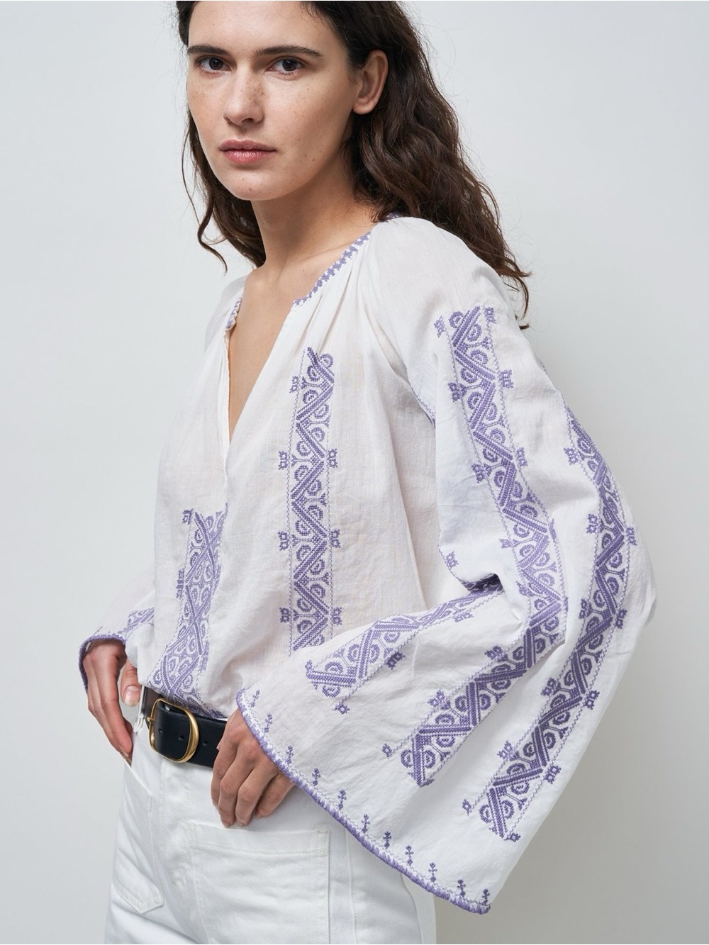 Nili Lotan white lilac purple cotton embroidered Anna tunic blouse size M